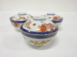 古伊万里　染付赤絵　金彩　桜　蓋茶碗　3客